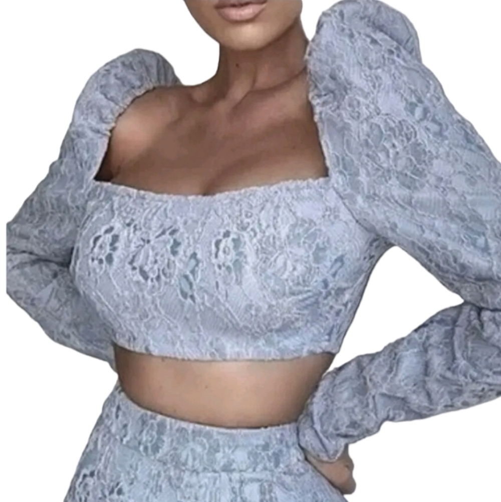 Naked Wardrobe Puff Sleeve Lace Crop Top Long Sleeve Blue Brocade